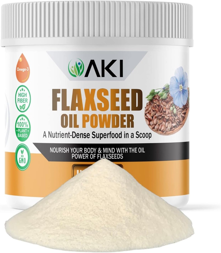 AKI 亜麻仁油粉末 - Omega-3 脂肪酸、繊維、および Lignans のようなエッセンシャル栄養素を詰め - 人工添加物から無料、理想的な品質成分で作られた(5.30oz/150g)