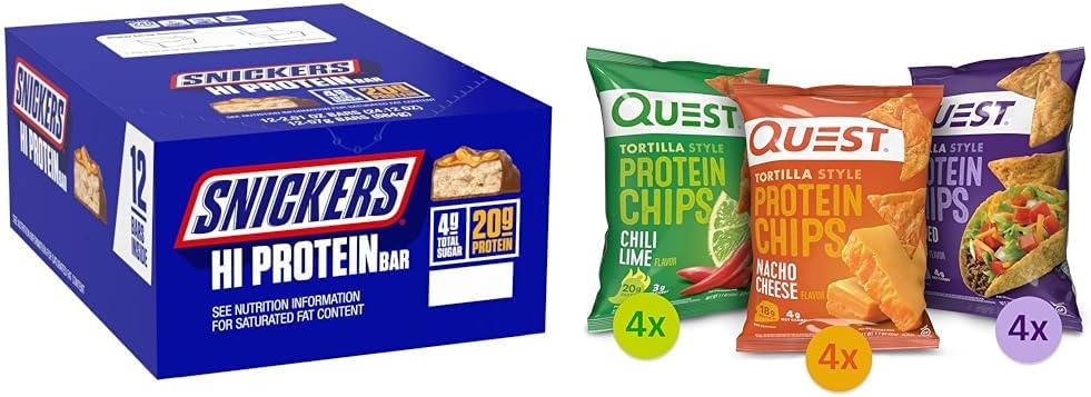 SNICKERSこんにちはプロテインピーナッツキャラメルバーバルクボックス、Quest Tortillaプロテインチップバラエティパック