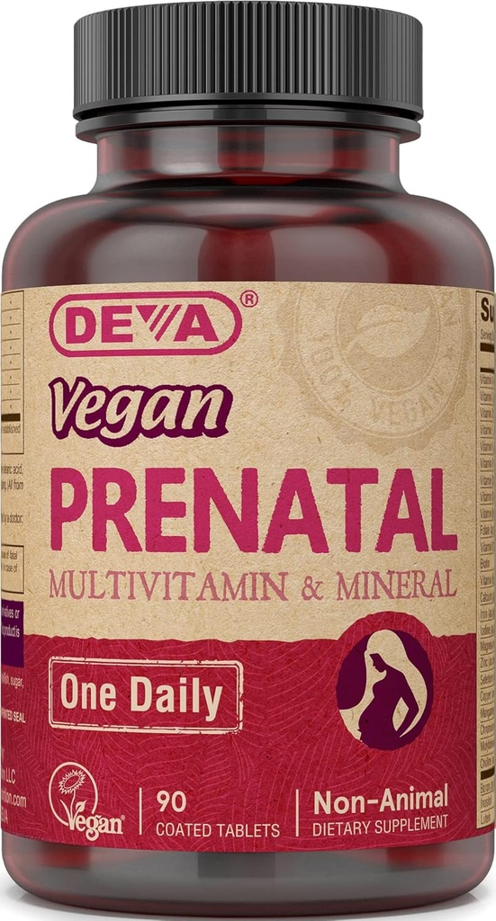 Deva Vegan Prenatal Multivitamin and Mineral Supplement - Once-Per-Day Formula - Vitamins A, C, D, E, K, B Complex, with Folate & Chelated Iron - 90 Coated Tablets, 1-Pack