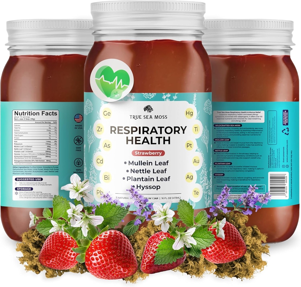 TrueSeaMoss Pro-Line Gel - Respiratory Health - 5+ Flavors - Fruit Gel with Premium Sea Moss & Potassium - Vegan-Friendly - Vitamin & Mineral Rich Supplement - Made in USA (Strawberry, Pack of 1)
