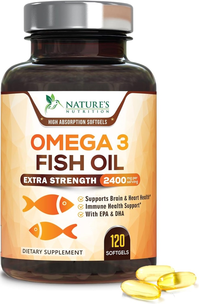 Omega 3 魚油 2400 mg – 心のためのトリプル強度 EPA ・ DHA 脂肪酸, 脳 & 関節サポート – ワイルドキャッチ, ビルプレス, レモン風味のサプリメント – ナチュラル, 非 GMO, グルテンフリー – 120 Softgels