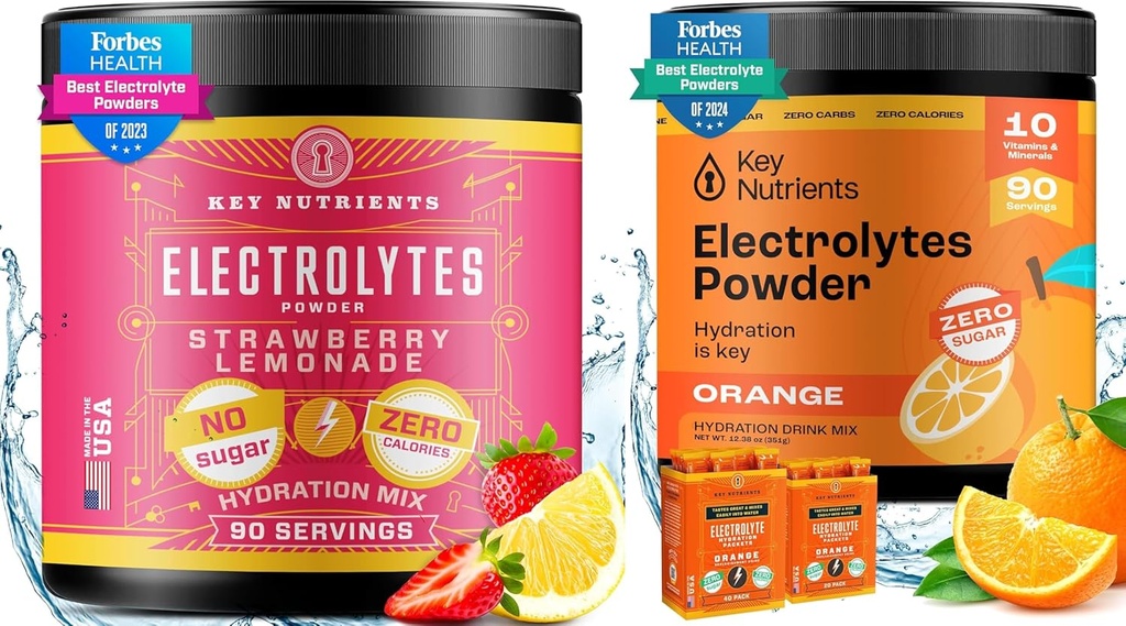 KEY NUTRIENTS Electrolytes & Multivitamin Hydration Powder Bundle – ジューシー Strawberry Lemonade & Tangy Orange Electrolyte Powder (90 はそれぞれにサービスを提供しています) – 砂糖フリー、ケトフレンドリー、カロリーなし