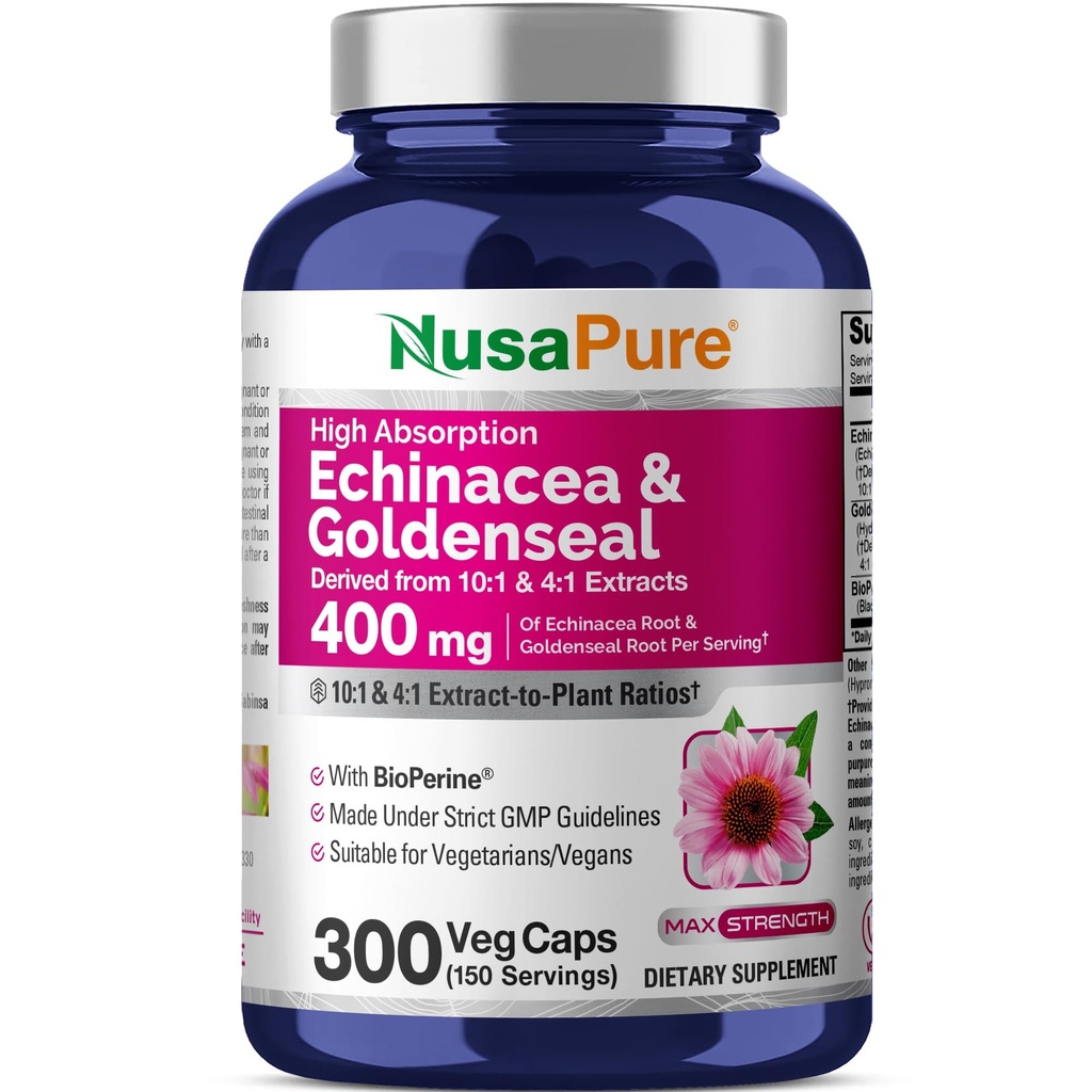 NusaPure Echinacea ゴールデンシール 200mg, (エキストラ 10:1, 2,000mg に相当), 200mg, (エキストラ 4:1, 800mg に相当) - 2800mg 300 Veggie キャップ (ベジタリアン, GMO, ビーガン)