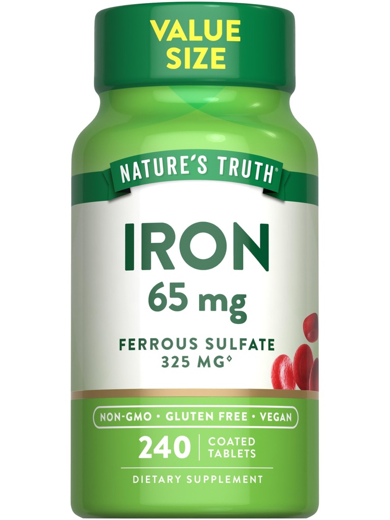 Nature's Truth Ironは65mg | 240カウント | 325mgの鉄硫酸塩 | ヴィーガン、非GMO&グルテンフリーサプリメント