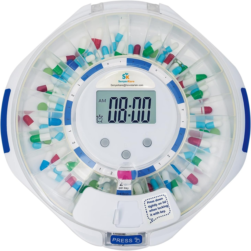 SenyerKare 28-Day アラーム&アルツハイマーのケア、薬用オーガナイザー w/EasyRead LCD ディスプレイ、サウンド&ライト&薬用キーアラート、ビタミン、サプリメント、クリア 蓋