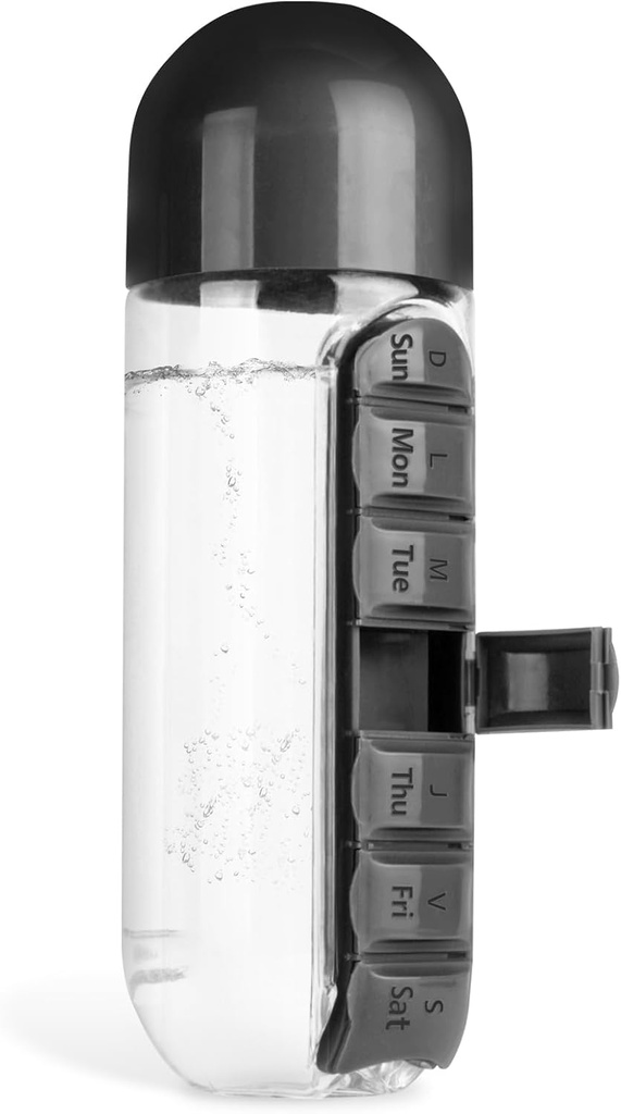 Medicine Box Water Cup,2 in 1 Water Bottle Medicine Box Storage Box,20 oz Daily Sports Water Bottle with Pill Box Organizer 7 Days Capsule Organizer, Black