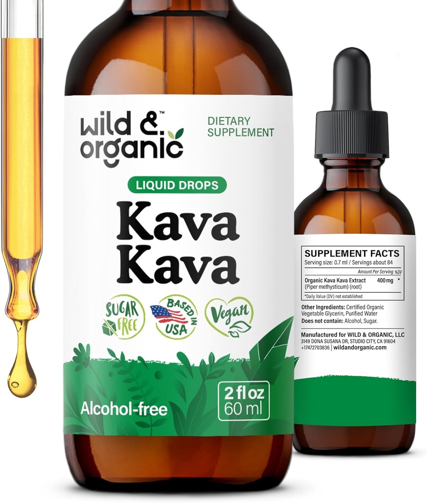 Wild & Organic Kava Kava Tincture 400 mg - Mood Support Supplement - Calming Root Extract Liquid Drops - 2-Month Supply - Vegan, Sugar & Alcohol-Free Drops - 2 fl oz