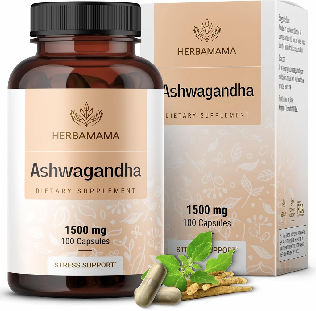 HERBAMAMA Ashwagandhaのカプセル- 1500mg純粋なAshwagandhaの根の焦点の補足-ビーガン、大人のための非GMOの気分及びカルム サポート補足、100の帽子