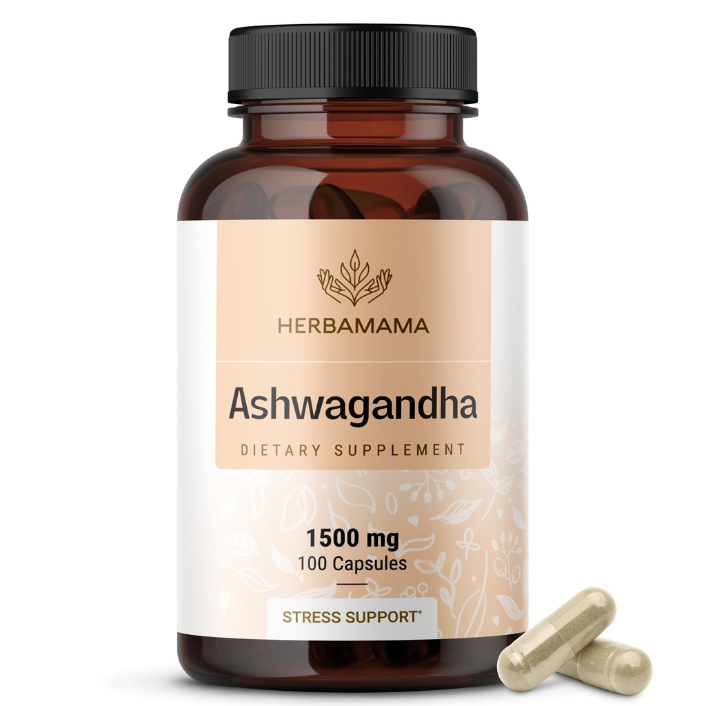 HERBAMAMA Ashwagandhaのカプセル- 1500mg純粋なAshwagandhaの根の焦点の補足-ビーガン、大人のための非GMOの気分及びカルム サポート補足、100の帽子