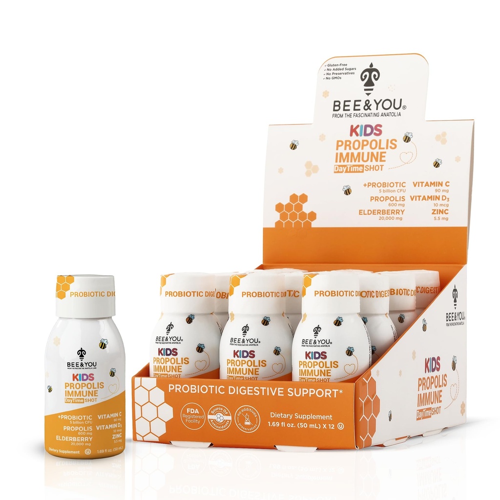 Bee and You Kids Propolis Immune Day Time Shot - Probiotic, Vitamin C, Vitamin D3, Zinc, Immune Support, Gut Health, Digestive Health, 1.69 Fl. oz, 12 Pack