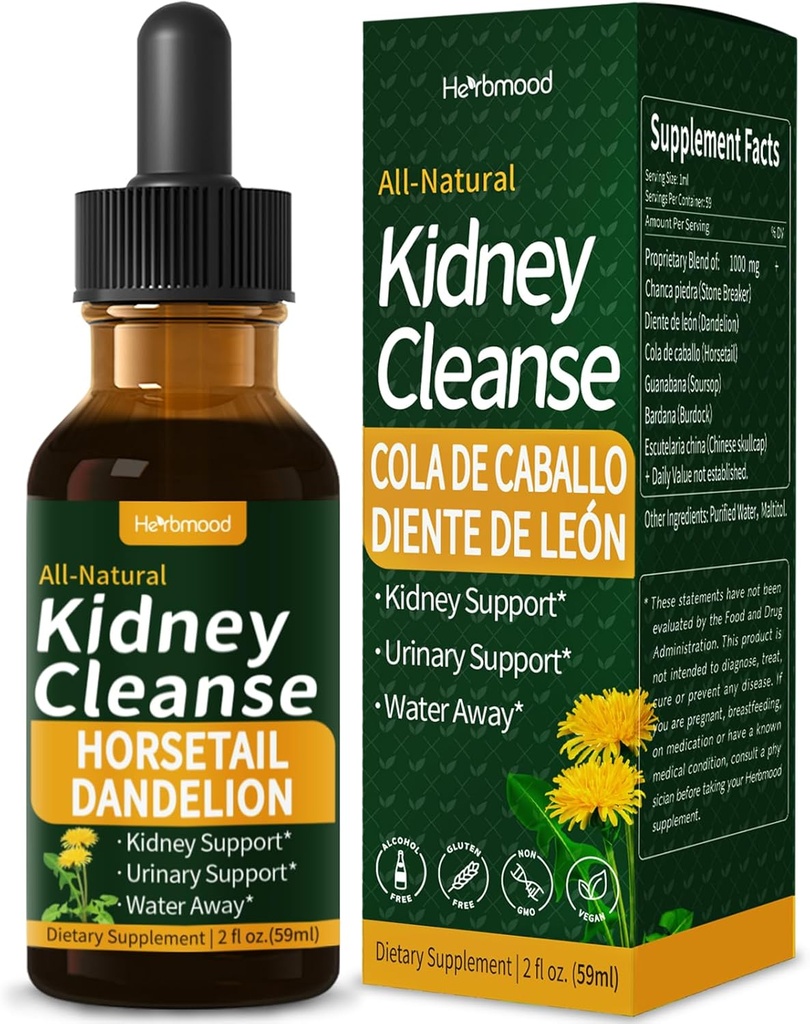 Kidney Cleanse Drops, Gotas de Chanca Piedra para Los riñones con Cola de Caballo y Diente de Leon for Water Away & Edema Relief. Nature Herbal Extract Liquid for Kidney Cleanse Detox &. 2oz