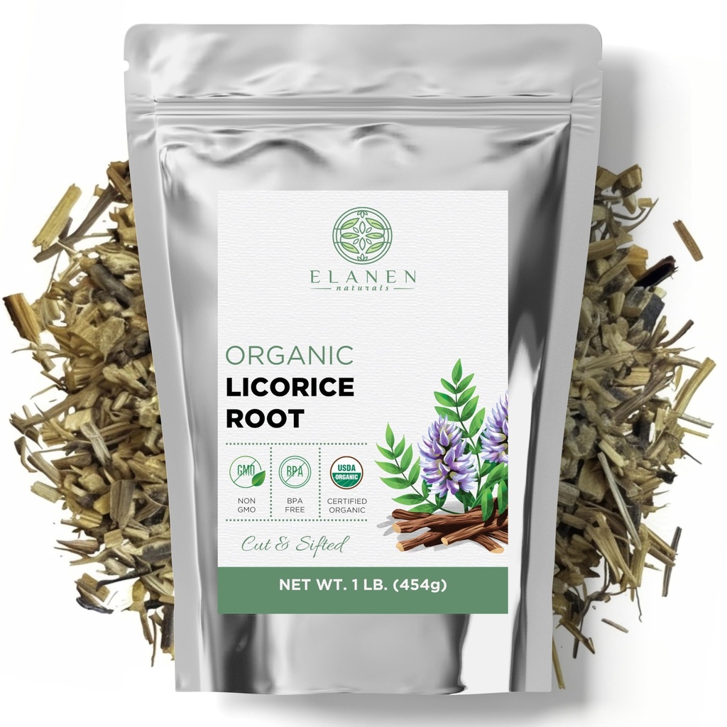 Elanen Naturals Organic Licorice Root 1 lb。 (16 oz。)、USDA 認定オーガニック Licorice Root Tea、Licourice バルク チョップ、アルコール飲料、Raiz de Regaliz Licrice、Glycyrrhiza glabra、カット&シフテッド