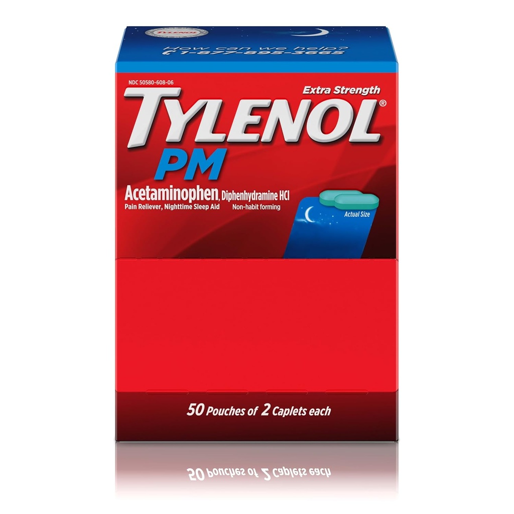 Tylenol PMの余分強さの夜間痛はAcetaminophen及びDiphenhydramine HClのAcetaminophenの睡眠の援助、夜間の痛み及び苦痛のための救助、2つのカプレットの50のパックを取り除きます