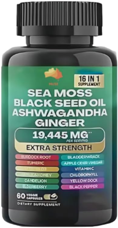 Muse Sea Moss, Black Seed Oil, Ashwagandha, Ginger, Shilajit, Elderberry, Chlorophyll, Turmeric, Bladderwrack, Advanced Strength Gummies, 19,445mg, All-in-1 Bundle, 60 Count, Made in USA