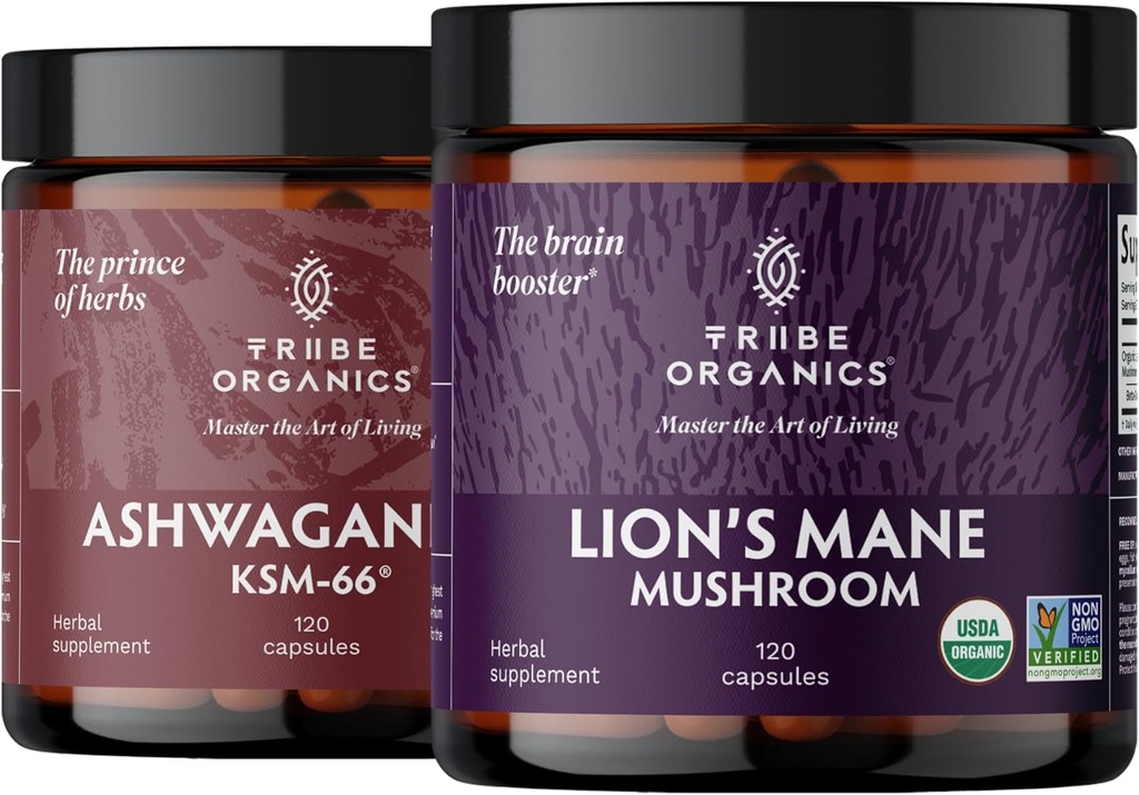 TRIBE ORGANICS NOOTROPIC Duo - KSM66 Ashwagandha + Organic Lion's Mane - 焦点を超えて、マインド意識とマインドヘルス