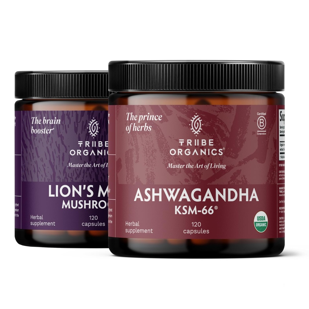 TRIBE ORGANICS NOOTROPIC Duo - KSM66 Ashwagandha + Organic Lion's Mane - 焦点を超えて、マインド意識とマインドヘルス