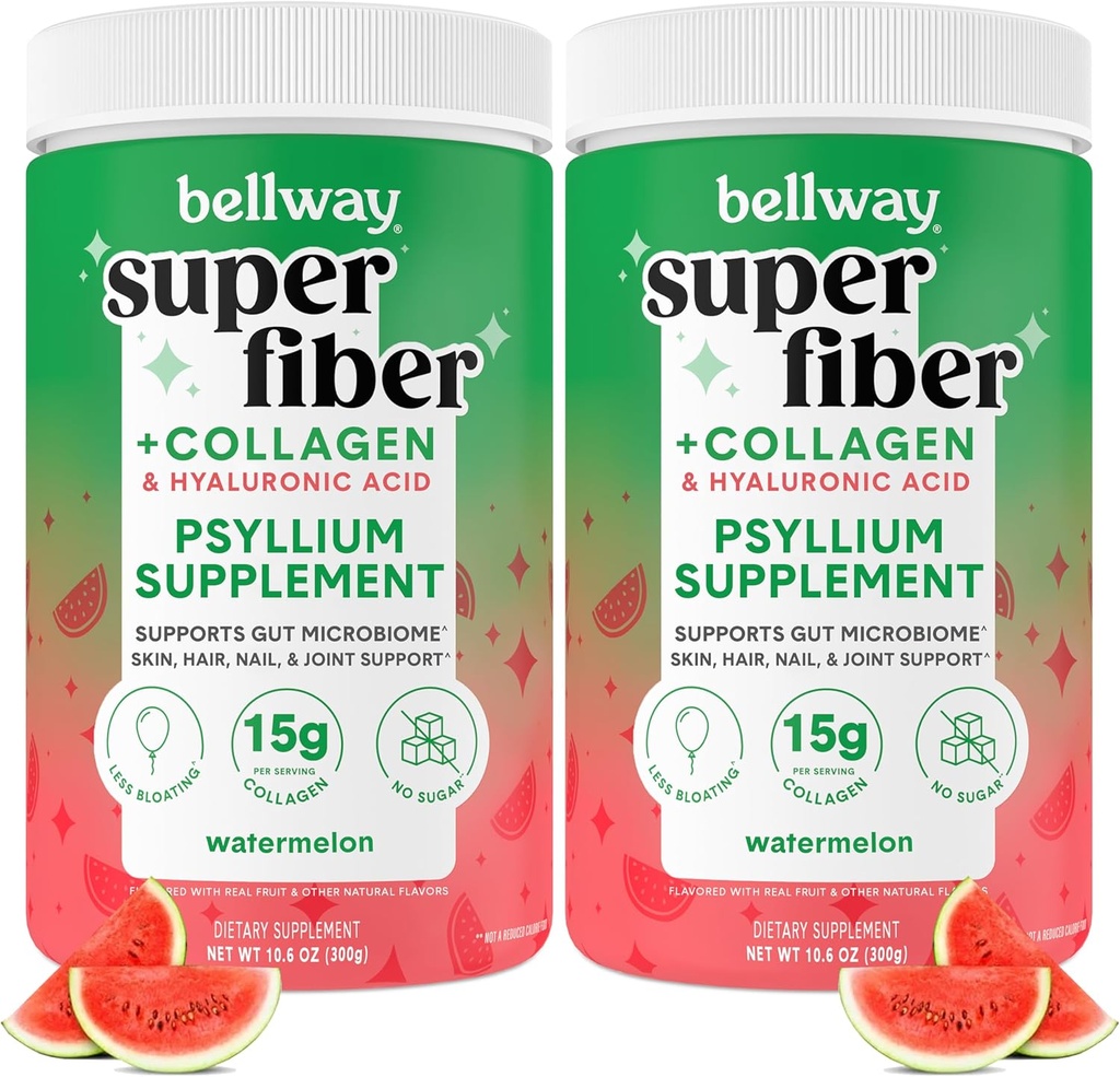 ベルウェイスーパーファイバーパウダー+コラージュ(2パック)、コラージュペプチドとガット健康、ヘルシースキン、ネイル、ボンベ&ジョイント、スイカ(21.2oz)のためのヒアルロン酸パウダー