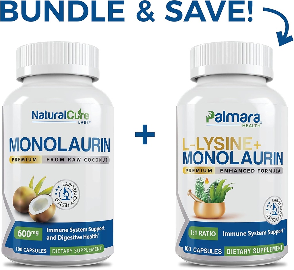 自然なキュア・ラボの束:優れたMonolaurin 600mg + L-Lysine + Monolaurin 1:1の比率