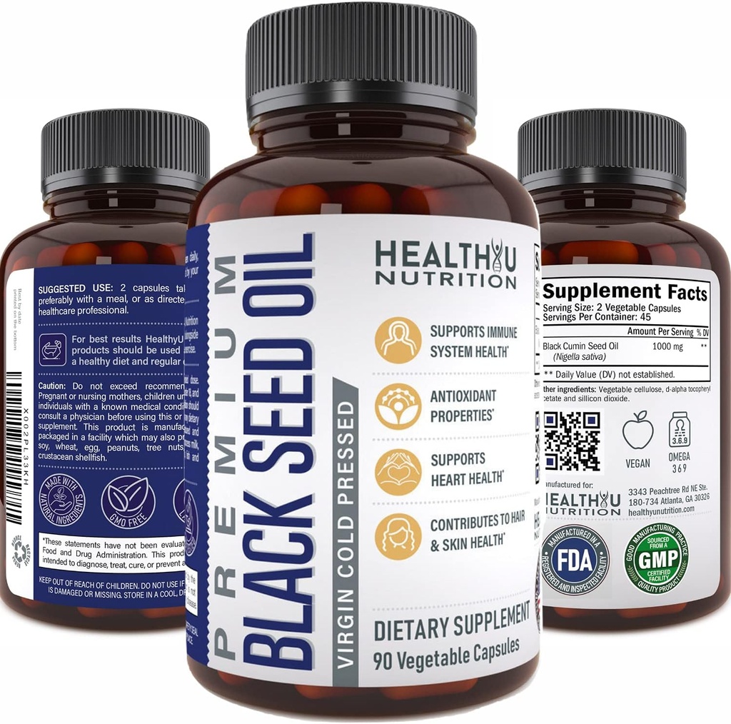 プレミアムブラックカミンシードオイルカプセル - バージンコールドプレスニゲラサティバブラックシードオイルパイル - 免疫サポートサプリメント - オメガ3 6 9ビタミンEは、ネイルヘアスキン1000mg p /サービングのためにブラックシード