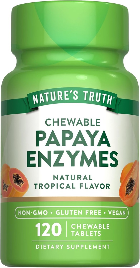Nature's Truth Papaya Enzyme Chewable タブレット | 120 カウント | 完全菜食主義者、非GMO&グルテンフリー 消化用サプリメント | 天然熱帯味
