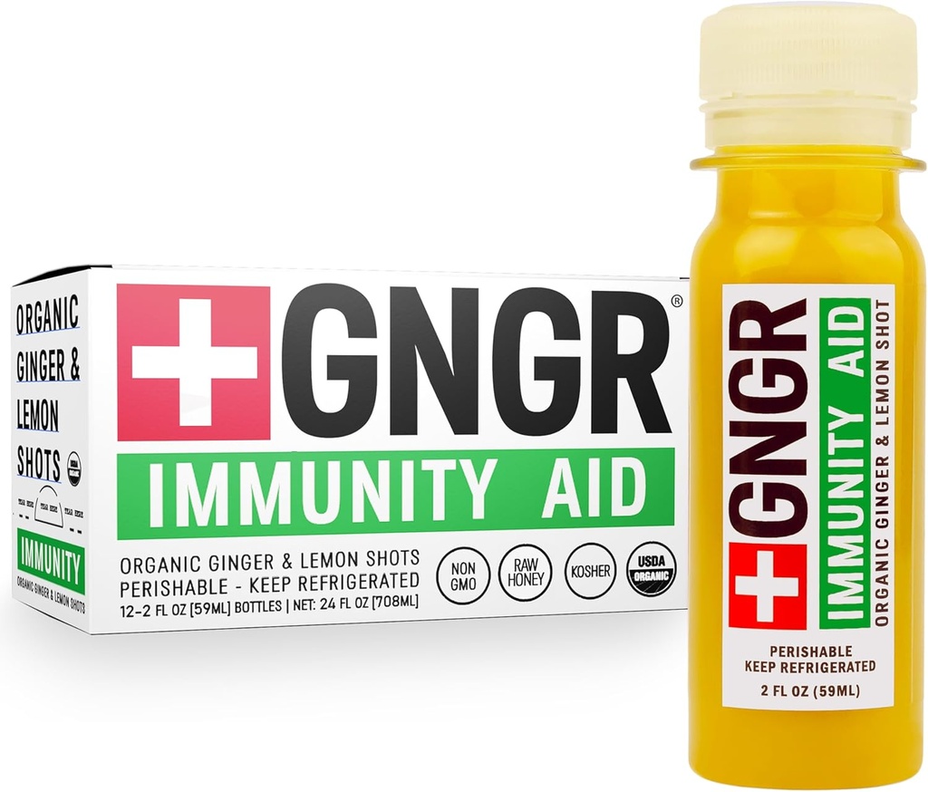 +GNGRの免除の有機性ジンジャー、レモン及び蜂蜜の打撃-Echinacea、レモン ジュース、蜂蜜、亜鉛及びビタミンD3の免疫及び消化器サポート2のflのoz (12のパック)が付いている風邪によって押されたジンジャーの打撃