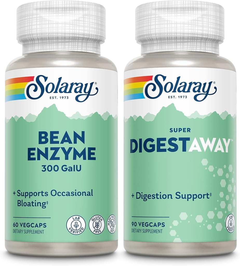 SOLARAYビーンズ酵素と超消化器 - 消化酵素バンドル - アルファGalactosidase、パパイン、ペプシン、ベタインHCl、アロエベラなど - 消化と栄養素吸収サポート、60 / 90ct