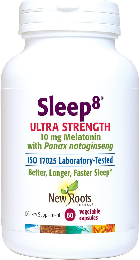 NEW ROOTS HERBALナチュラルスリープサプリメント、パッションフラワー、チャモミール、ホップ、Panax Gingseng、Skullcap、マグネシウム、10mg Melatonin(60ベジーキャップ)