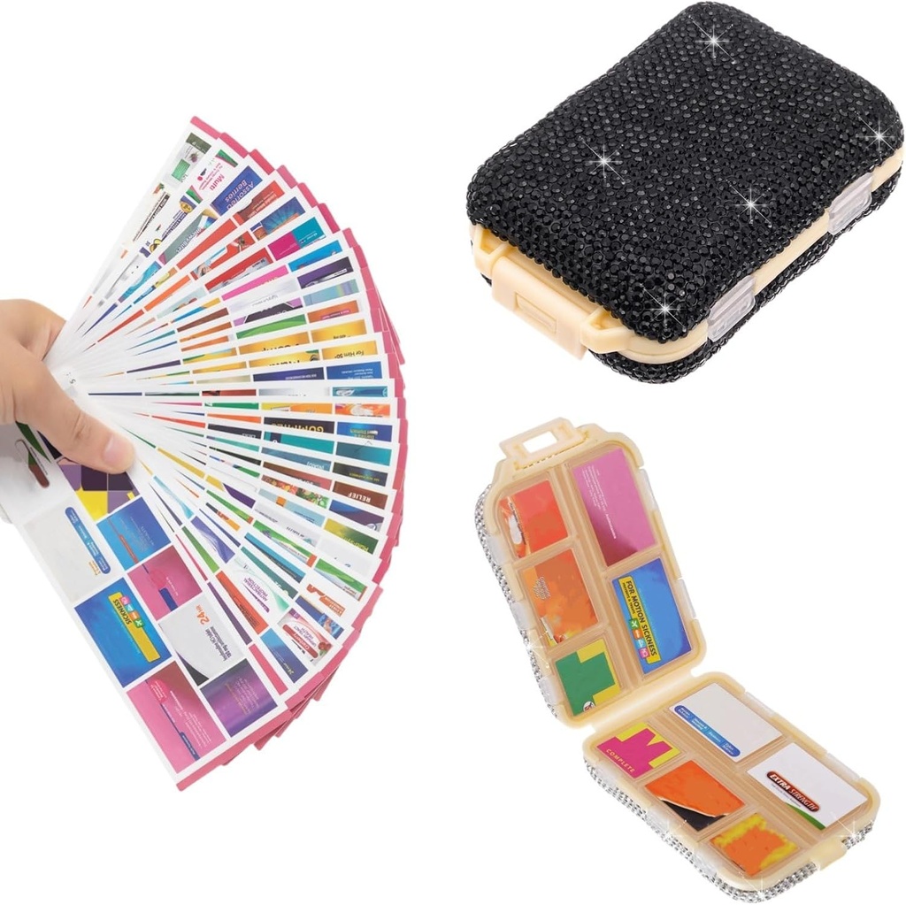Pill Travel Case with Labels Bling Portable Pill Container Mini Pill Box for Purse Small Medicine Organizer Holder for Supplement Vitamin Medication Women (Black & 300 Labels)