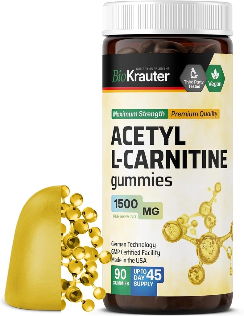 BIO KRAUTER アセチル L カルニチン グミ - 1500 mg 強度 - 90 ビーガン咀嚼 - アミノ酸アセチル L カルニチン サプリメント - プレクチン ベース、非 GMO