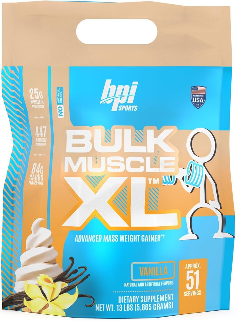 BPI Sports Bulk Muscle XL - Advanced Mass Weight Gainer for Serious Muscle Building & Recovery, 25g Protein & 497 Calories Per Serving - Chocolate, 13lb Bag (13lb, Vanilla)