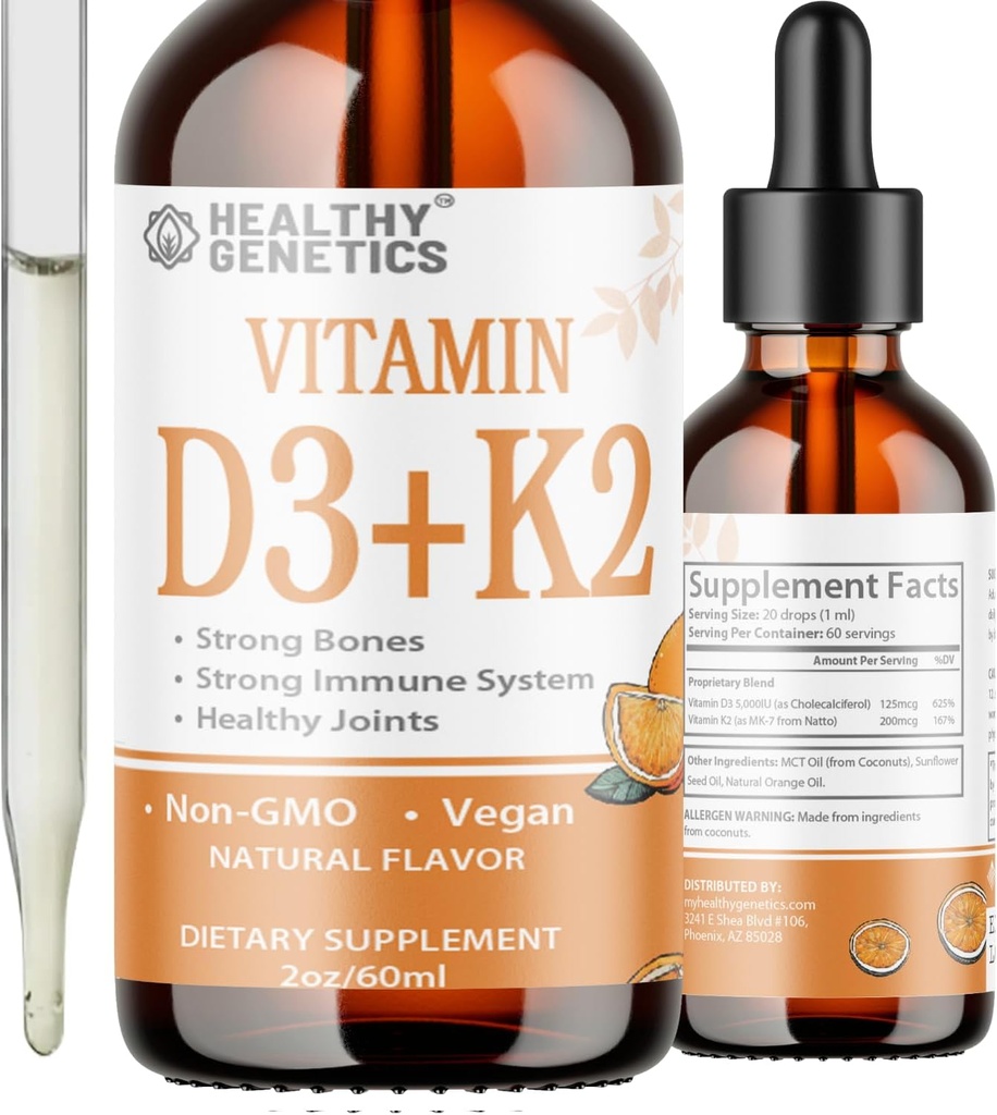 Liquid Vitamin D3 K2 Plus Vitamin K2 MK-7 | 5000IU Vitamin D Liquid Drops | Bones | Immune | Heart Health | Boost Energy 2oz