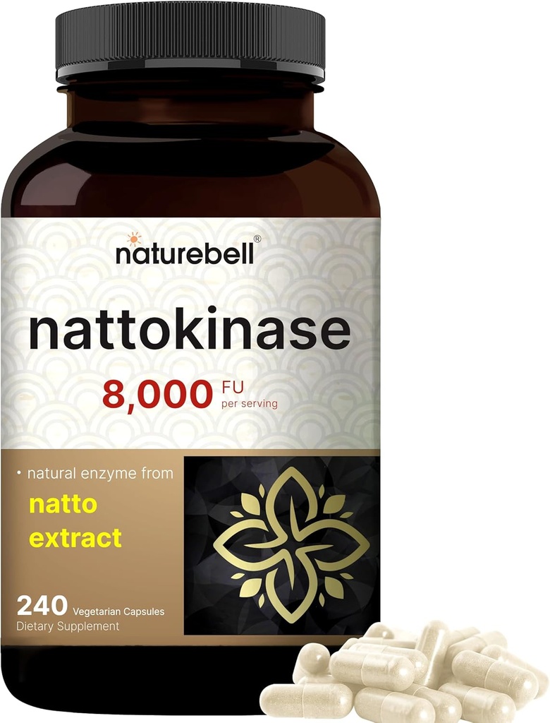 NatureBell Nattokinase Supplement 8,000 FU Per Serving, 240 Veggie Capsules | Traditional Natto Extract Source – Max Strength Enzyme & Heart Health Support – Non-GMO