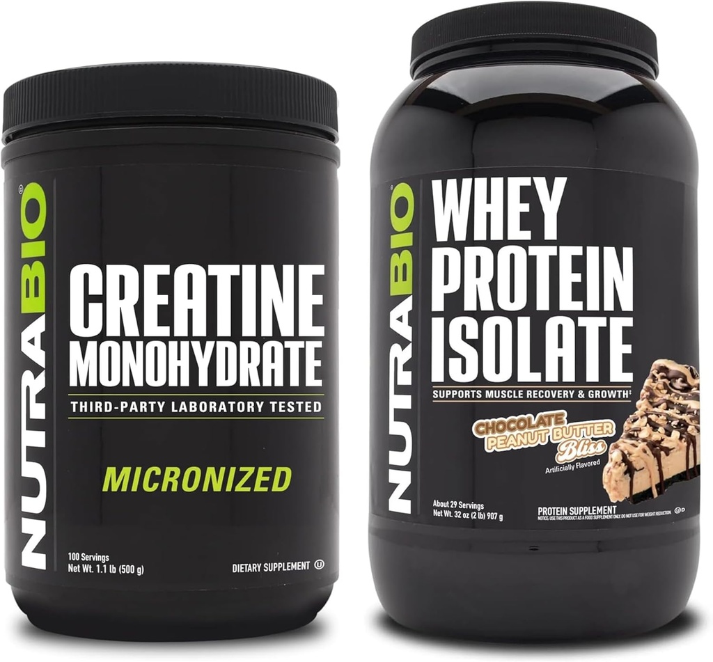 NutraBioクレアチンモノハイドレート、非風味、500gとウィープロテインアイソレート、チョコレートピーナツバター、サプリメントバンドル - 筋肉エネルギー、リーン筋肉の成長、回復、および強さ