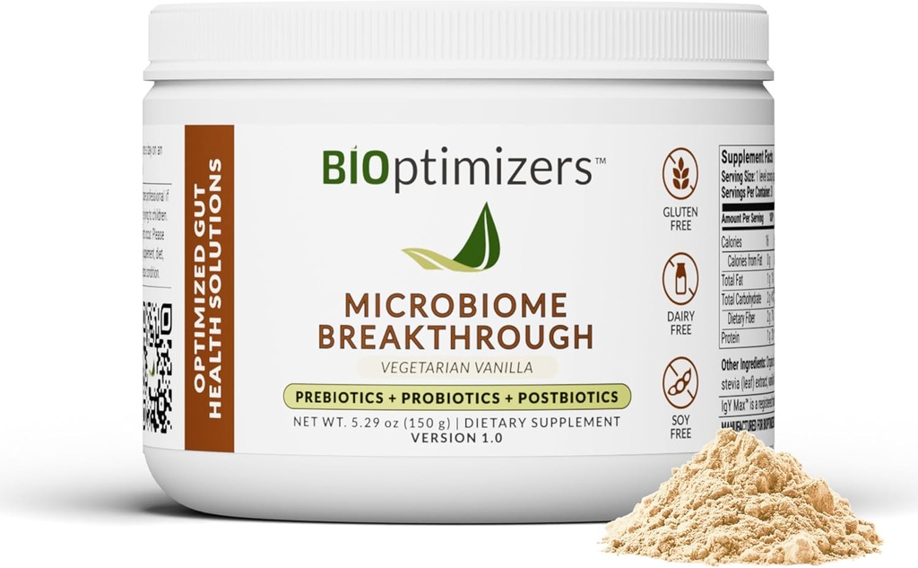 Microbiome BreakthroughTM Gutサポートパウダー - ベジタリアンバニラ - プロバイオティクス、プレバイオティクス、IgY Max® - L-グルタミンのソース - L-グルタミンのソース - 消化の快適性、ガス&ブロッキング救済30サービングをサポート*