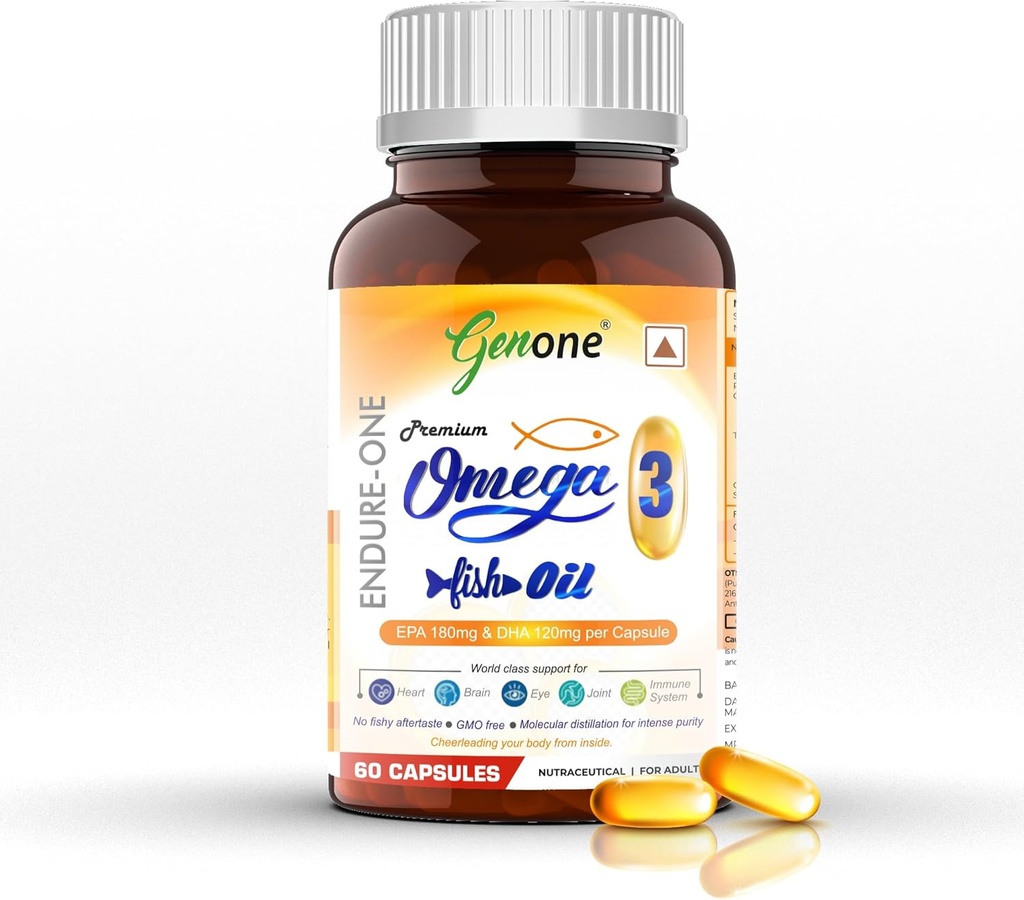 genone EndureOne Best Omega-3 Fish Oil Capsules for Brain, Heart, Eyes, and Joints Health (Men &Women) 60 Softgels