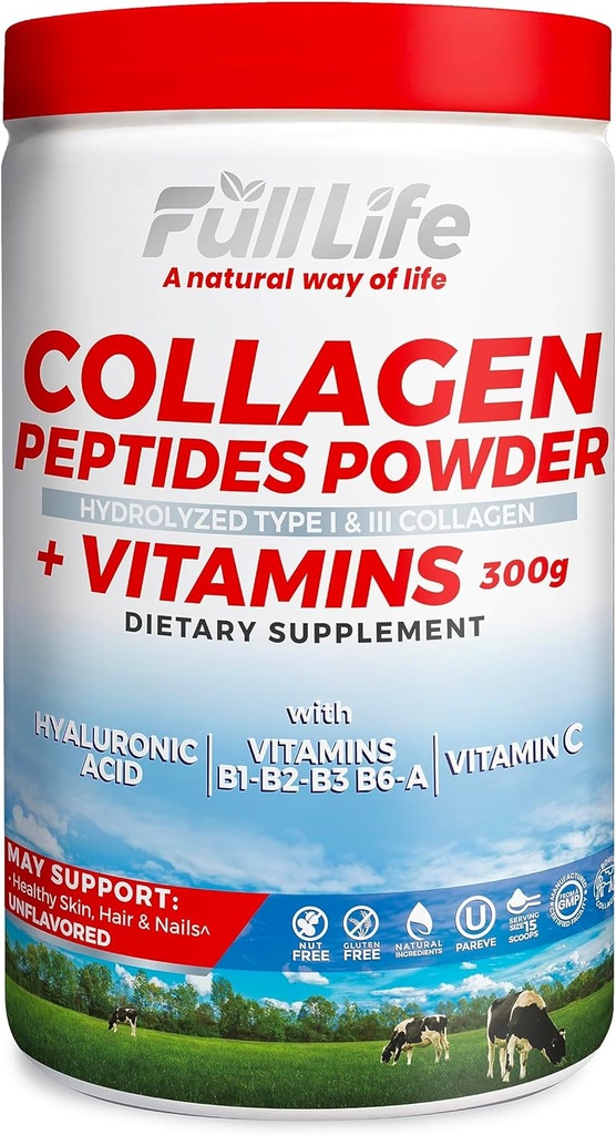 Full Life Collagen Peptides Powder - Bovine Collagen Supplement with Hyaluronic Acid - Hydrolyzed Collagen Powder for Women and Men - Kosher, Gluten-Free - 300g