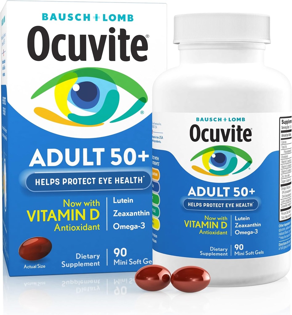 Ocuvite 50 +アイビタミン&ミネラルサプリメント、Omega-3、亜鉛、ビタミンC&E、Lutein&ゼアキサンチン、女性と男性のための亜鉛サプリメント、90 Softgels