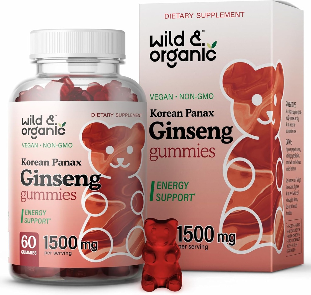 Wild & Organic Panax Ginseng Gummies 1500 mg - Korean Red Ginseng Supplement - Vegan, Non-GMO Root Powder Based Chews - 60 Count