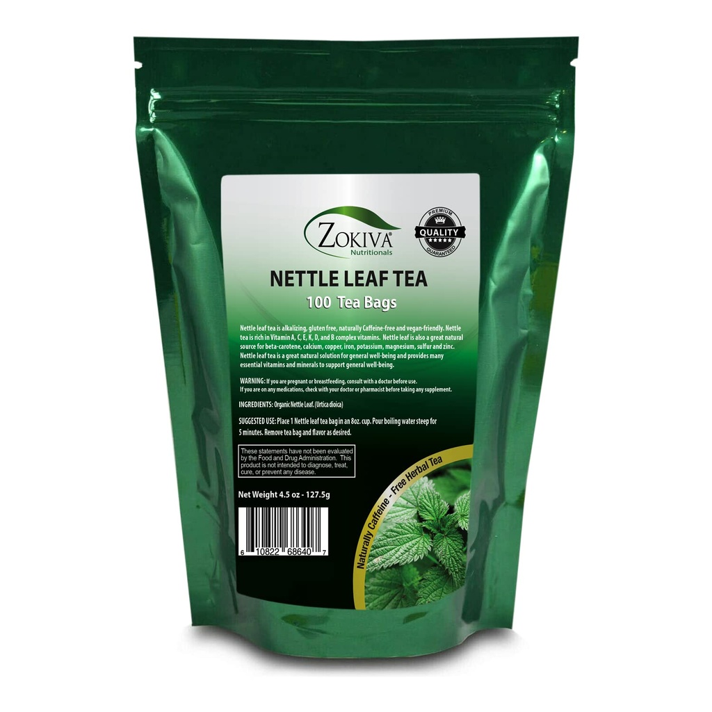 Zokiva Nutritionals - Nettle Leaf Tea bag Mega Pack - 100 Premium 品質 便利なオーガニックハーブティーバッグ - Caffeine-free と ビーガンフレンドリー 再販可能なスタンドアップZipロックポーチ