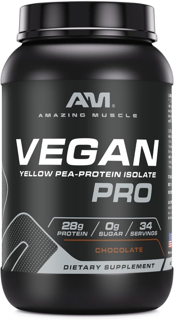 Amazing Muscle Vegan Protein Powder | 28 Grams Protein | 34 Servings | Zero Sugar | Yellow Pea Protein Isolate Supplement | Made in USA (3 Lb, Chocolate)