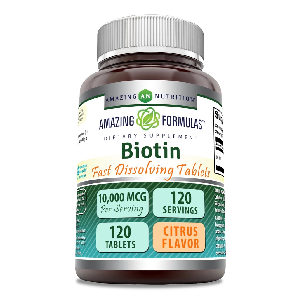 アメイジングフォーミュラ ビオチン 10,000 mcg | 高速分解錠 | 非GMO | グルテンフリーサプリメント | アメリカ製(シトラス | 120錠)