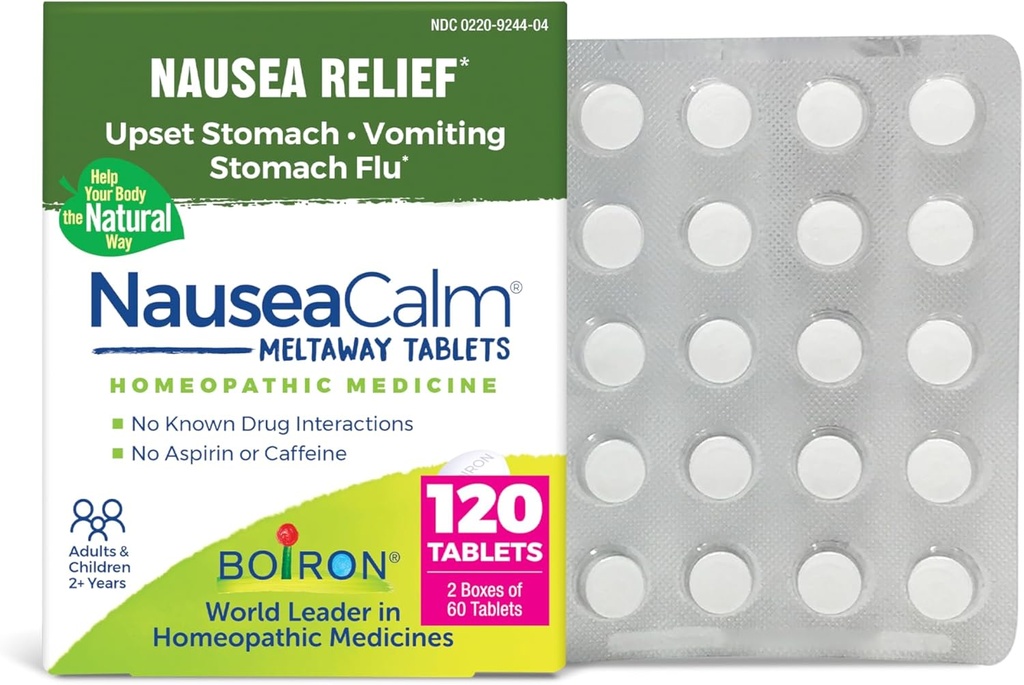 Boiron NauseaCalm は、Stomach Flu、Overindulgence、または Motion Sickness - Non-Drowsy - 120 カウント (2 パック 60) により、Upset Stomach、Nausea、および Vomiting のリリーフを支持します。