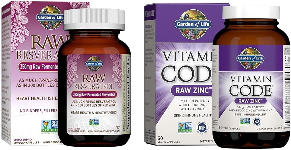 Garden of Life Heart Resveratrol Supplement & Zinc Supplements 30mg High Potency Raw Zinc and Vitamin C Multimineral Supplement