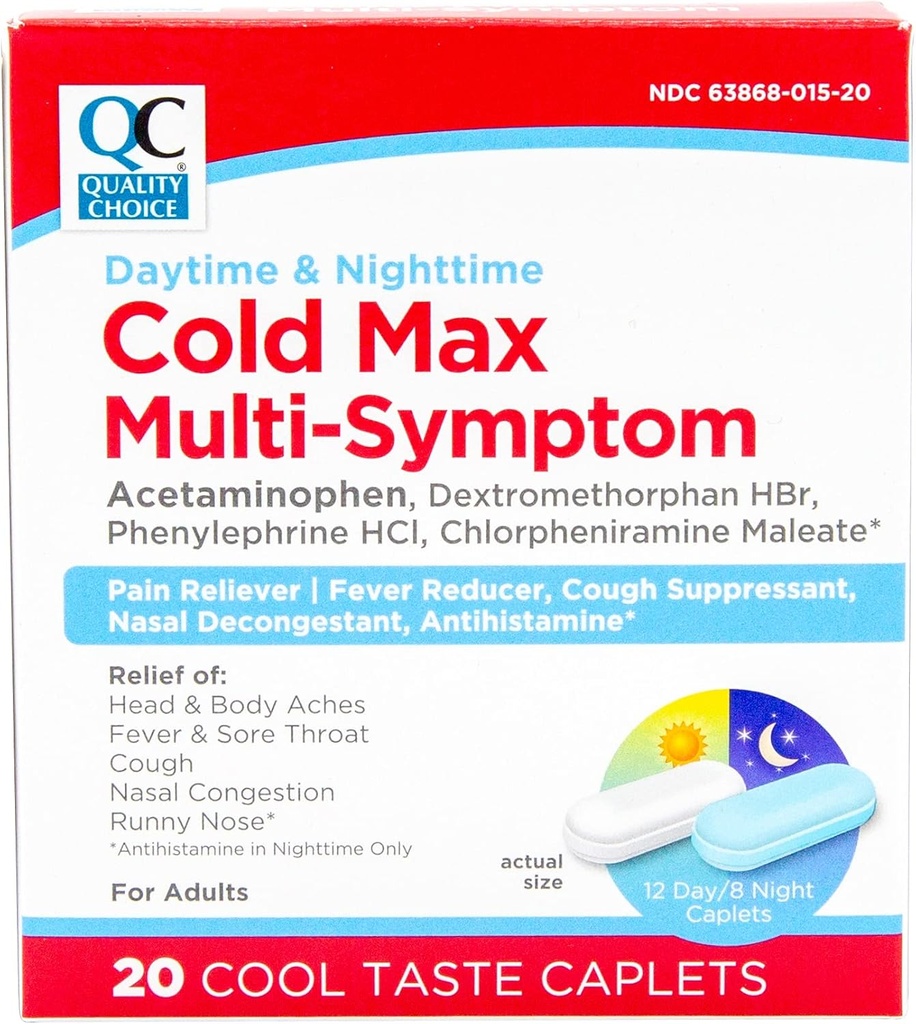 Quality Choice Day & Night Cold Max Multi-Symptom, Cold & Flu Medicine, Pain Reliever, Fever Reducer, Cough Suppressant, Nasal Decongestant, 24 Hour Relief Cool Taste Caplets