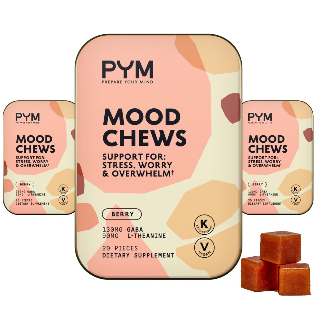 PYM Berry Mood Chews Stress、Worry & Overwhelm、60 カウント | 130mg GABA、90mg L-テアニン | ビーガン、非GMO、グルテンフリー、砂糖なし | 米国製オールナチュラルムードバランスサプリメント
