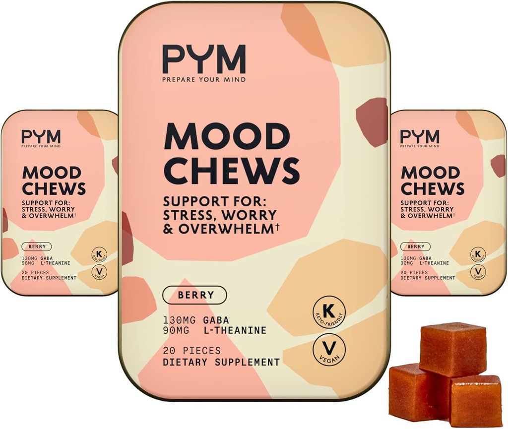 PYM Berry Mood Chews Stress、Worry & Overwhelm、60 カウント | 130mg GABA、90mg L-テアニン | ビーガン、非GMO、グルテンフリー、砂糖なし | 米国製オールナチュラルムードバランスサプリメント