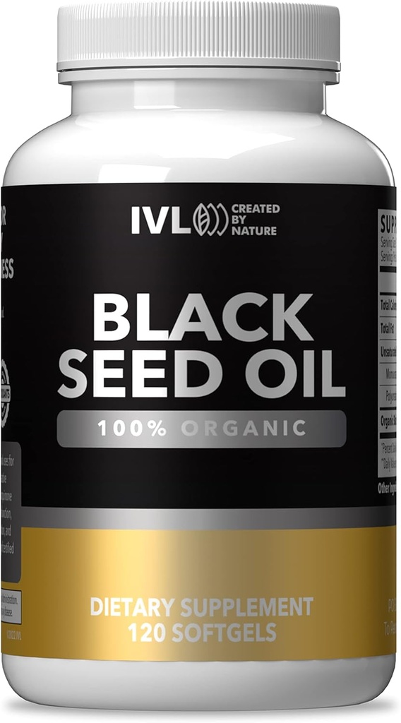 IVL - 有機ブラックシードオイル - 120 Softgelカプセル - (給餌ごとに1000mg) - 純粋なコールドプレスニゲラサティバシードオイル - オメガ3 6、抗酸化剤、チモキノン - ブラックシードオイル液体カプセル