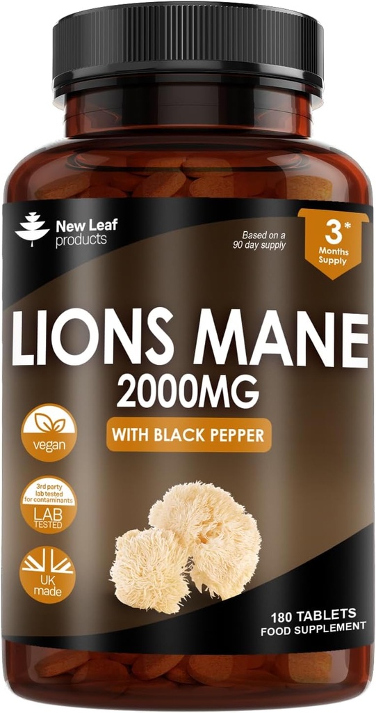 新しい葉プロダクト ライオンのマネのきのこのエキスの補足2000mg - 180の黒いペッパーが付いている高力ビーガン タブレット- (粉かカプセル無し)イギリスでなされる