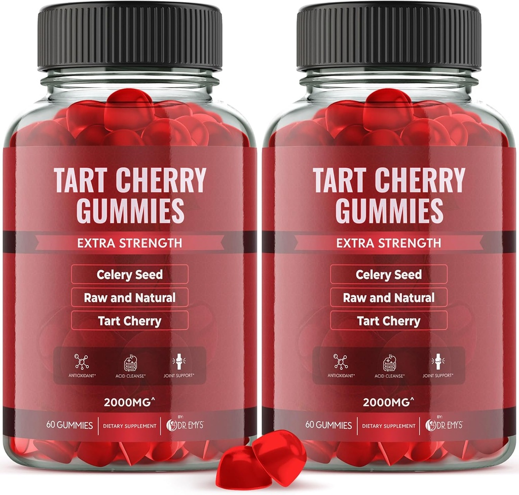 Dr. Emyのタルトチェリーエキス 2,000mg* ガミーサプリメント + セルリーシードエキス 400mg*, 生 & ナチュラル – 非GMO - グルテンとゼラチンフリービーガン, ジョイントコンフォート尿酸クレンズ
