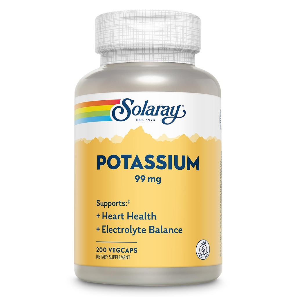Solarayのカリウム99mg - 電解バランス式 - 電解質、血管および心臓の健康サポートのためのカリウムサプリメント - 60日間返金保証、ラボ検証、200の給餌、200ベジキャップ